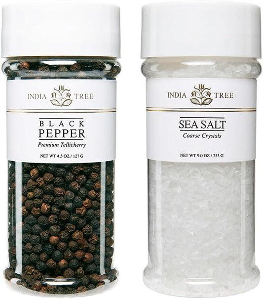 India Tree Tellicherry & Salt Jar Gift Pack - Premium Black Pepper and Sea Salt Crystals - 13.5 Ounces Total