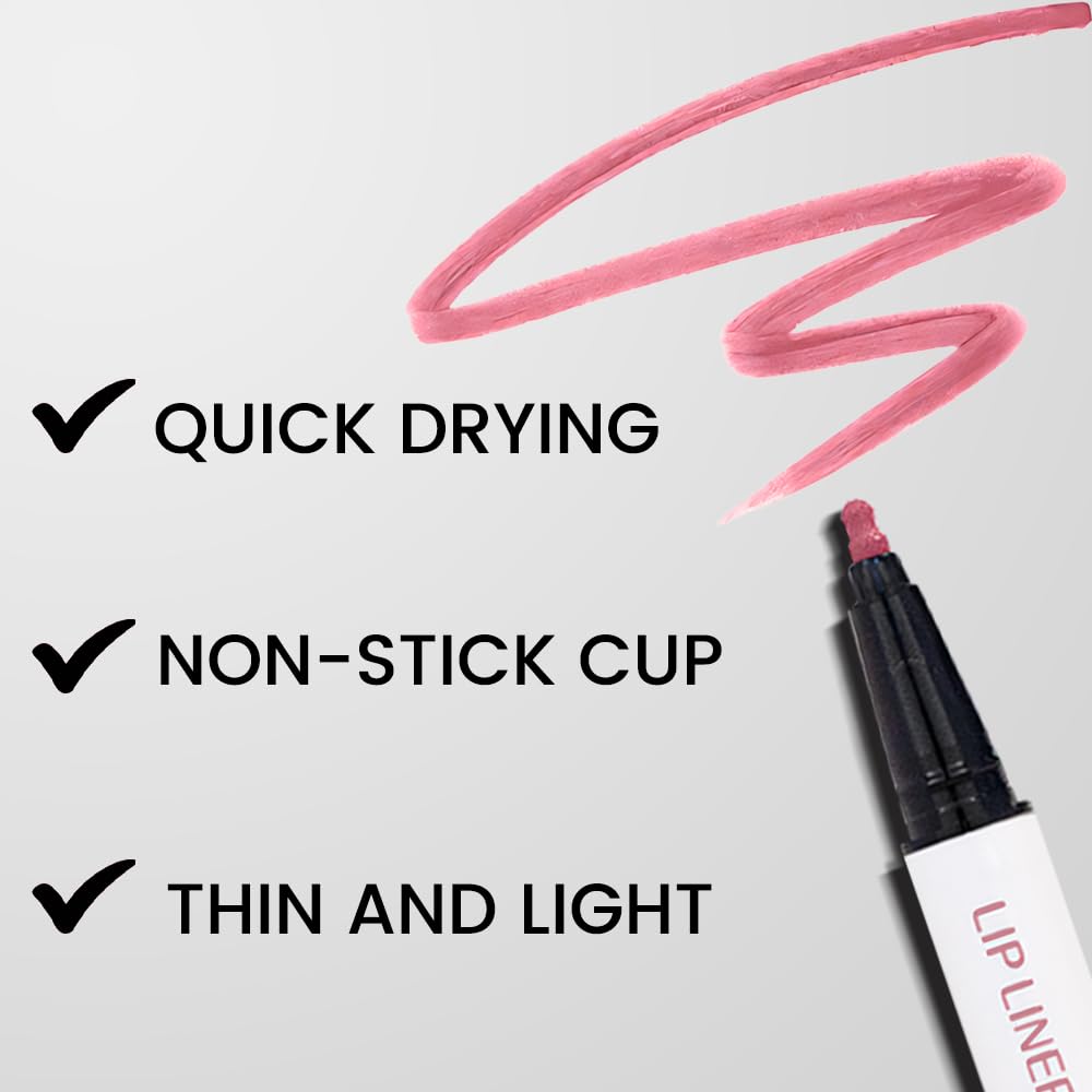 2Pcs Longwear Liquid Lip Liner Stain Marker Pen Set Long Lasting Waterproof, Dusty Warm Pink Matte Semi Permanent 24 Hour Lip Liner and Lipstick Combo, Color Stay Lipliner All Day, Lips Stain peel off
