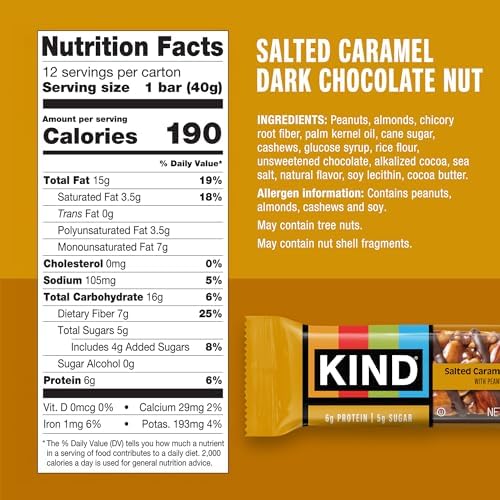 KIND Healthy Snacks Bars, Salted Caramel Dark Chocolate Nut, Gluten Free, Low Sugar, High Fiber Snacks, 6g Protein, 12 Count
