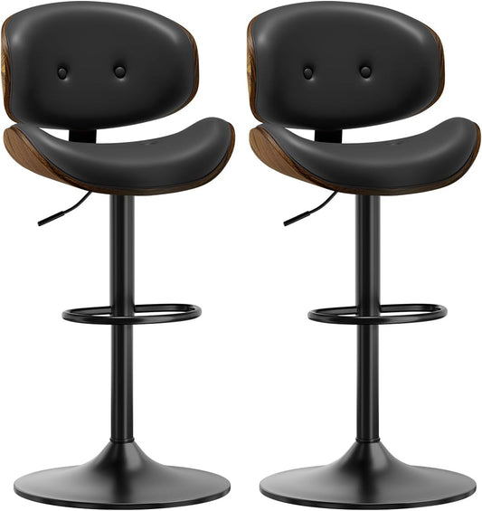 Adjustable Swivel Bar Stools Chair,Counter Height Bar Stools with Back,350 LBS PU Leather Bar Stool for Kitchen Island,Upholstered Pub Stools with Footrest (Black, Set of 2)
