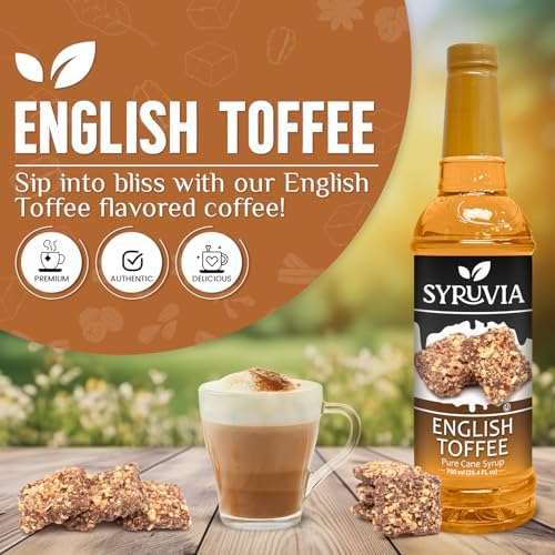 Syruvia Coffee Syrup, English Toffee Flavored Syrup for Drinks, Lattes, and Desserts – 25.4 fl oz, With Pump