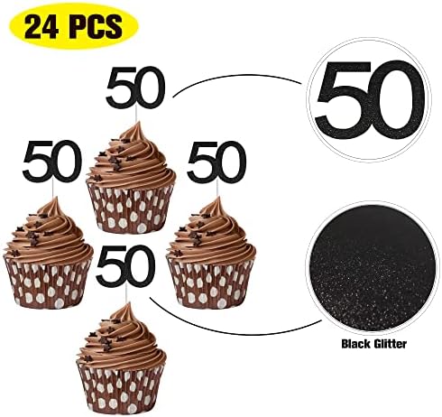 Sumerk 24PCS 50 Cupcake toppers Black Glitter 50th Birthday Cupcake Picks Anniversary Party Decorations