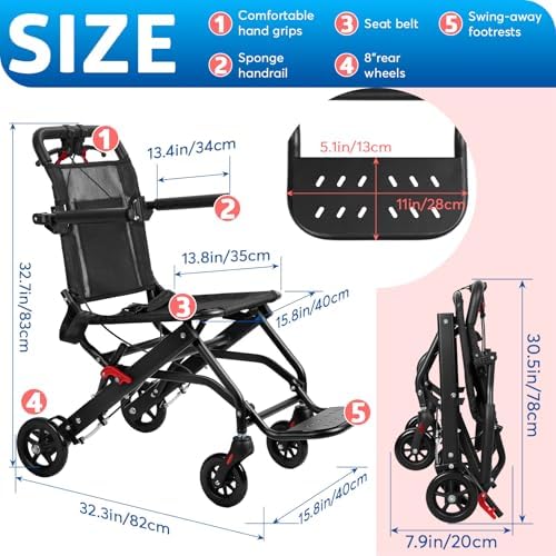 Ultra-Lightweight Folding Wheelchair, 8.2KG Carbon Steel Transport Chair with Ergonomic Handbrake, PU Wheels & Safety Strap for Seniors, Travel, Indoor Outdoor Use (Black)