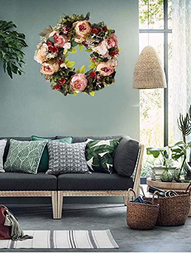 Peony Spring Wreath for Front Door, Handmade Pink Floral Wreath Artificial Spring Garland Wreath for Front Door Wall Wedding Party Home Deco