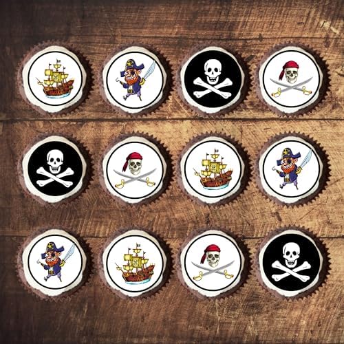 PRECUT Pirate Cupcake Toppers, Pirates Theme Edible Mini Discs - Premium Thickness SWEETENED VANILLA, Wafer Card Cake Decorations (24)