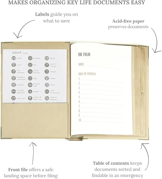 The Folio® If I Die Binder Organizer by Savor | Acid-Free Document Organizer with Labels, 10 Pockets for Birth Certificates, Wills, Investment Plans | Mother’s Day Gift for Moms (Slate)