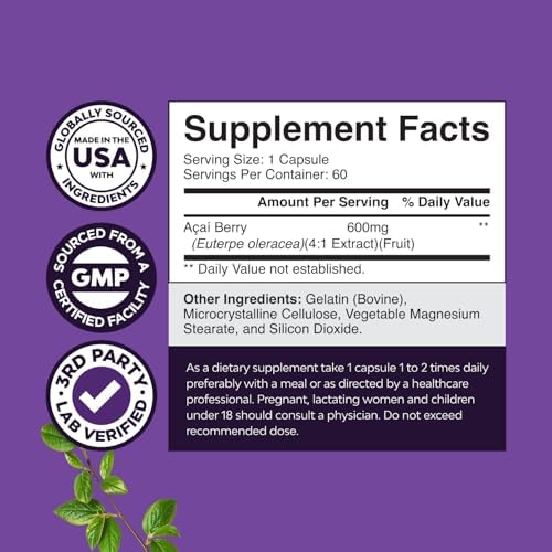 Acai Berry Supplement for Energy & Weight Goals - Immune Support Supplement with Antioxidant Benefits - 600 mg per Serving Acai Berry for Cognitive Health - Advanced Skin Care Support - 60 Count