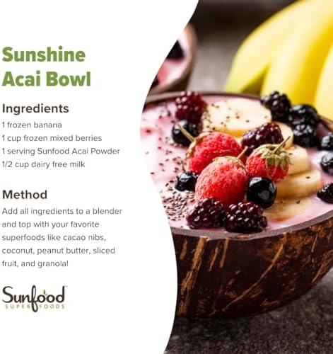 Sunfood Superfoods Organic Acai Powder - Dried Acai Berry Powder Mix for Smoothie Bowls & Drinks, Fruit Source of Antioxidants, Gluten Free, USDA Organic, Non GMO - 4 oz Bag