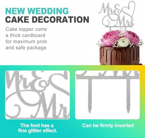 1-piece Wedding Cake Topper – Elegant Mr & Mrs Bride & Groom Acrylic Topper with Mirror Silver Glitter for Weddings & Engagements