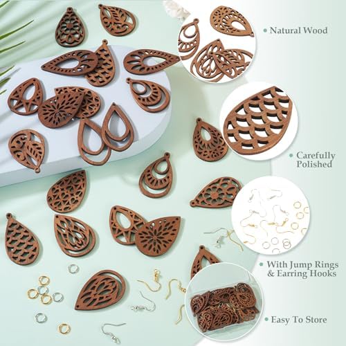 Elecrelive DIY Dangle Earrings Kits 11 Pairs Teardrop Walnut Wood Pendants Natural Wood Earring Blanks with Hooks for DIY Craft Jewelry Making