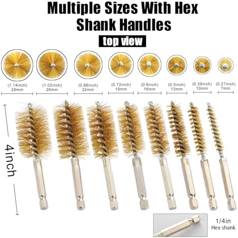 MAXMAN Bore Brush Set, 8pcs Brass Wire Brush for Drill, Durable Metal Bristles Twisted, 8 Size Set Multiple Diameter Options, 1/4 Inch Hex Shank, for Power Drill Impact Driver & Tube Cleaning