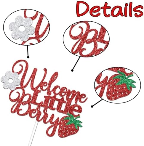 Glitter Red Welcome Little Berry Cake Topper, Welcome Sweet Berry Baby Shower Party Cake Decoration,Strawberry Baby Girl Birthday Party Supplies