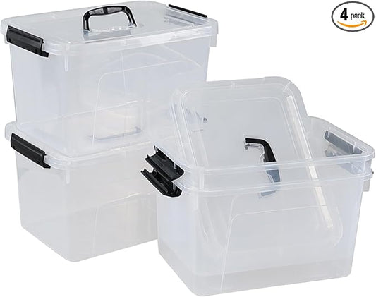 4-pack 10.5 Quarts Clear Boxes with Handles, Plastic Storage Bin with Lid
