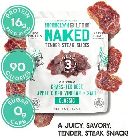 Brooklyn Biltong Naked Tender Slices, Classic (2 oz, Pack of 2), Grass Fed Beef Protein Snacks, 32g Grass Fed Protein Per Pack, Beef Jerky Alternative – Sugar Free, Gluten Free, Paleo Snacks, Keto Snacks, Whole 30, AIP