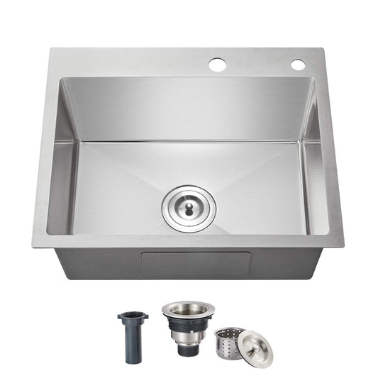 OUGOO 20x16x9 Inch Drop in Kitchen Sink, Handmade 304 Stainless Steel Single Bowl with 2 Holes, R10 Tight Radius, Topmount Installation, for Modern Kitchen/RV Sink, Brushed