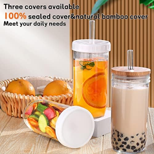DWTS DANWEITESI Glass Cups with Lids and Straws,24 oz Smoothie Cup with Lid and Straw-Boba Mason Jar,Matcha Cup Wide Mouth Reusable Drinking Glasses,Iced Coffee Cups Glass,Vasos De Vidrio【4 Pack】