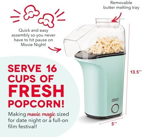 DASH Fresh Pop Popcorn Maker - Oil-Free, Air Popcorn Popper - With Measuring Cup & Recipe Guide - Perfect for Movie Nights - 16 Cups, Aqua
