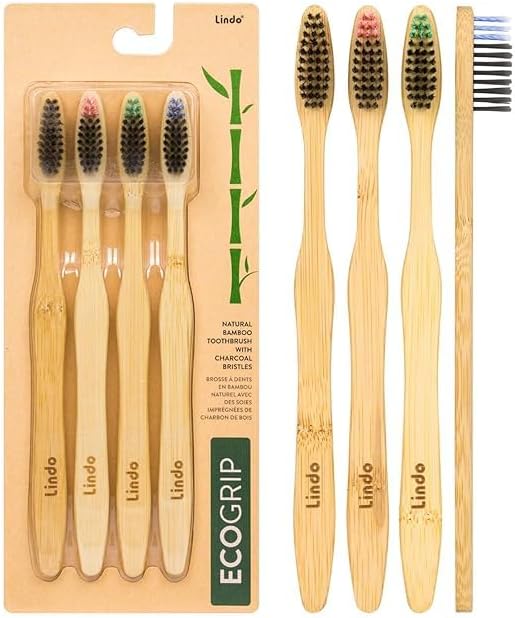 Lindo EcoGrip Bamboo Toothbrush - Soft German Made Fiber Bristles, Organic and Recyclable, Natural Handle (Charcoal)
