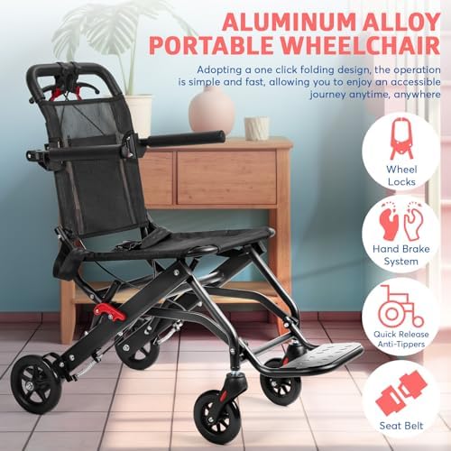 Foldable Wheelchair for Adults, Ultra Light Wheelchairs 13lbs Foldable with Bag & Safety Belt, 286lbs Capacity, Aluminum Alloy Frame, Portable Light Weight Wheelchair (Black)