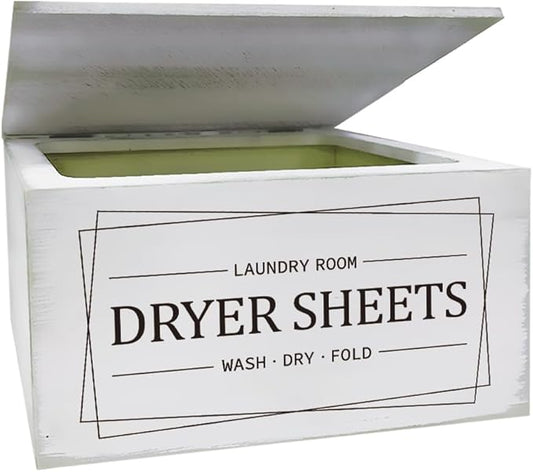SUPERDANT Dryer Sheets Holder with Lid Rustic Dryer Sheet Dispenser Laundry Room Lettering Dryer Ball Pods Container Vintage Laundry Fabric Softener Dispenser Box for Laundry Room Organizer White