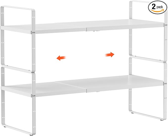 2Pack 16.5-27ââL Expandable Cabinet Shelf Organizers, Stackable Metal Shelves Extender for Kitchen Countertop Storage, Adjustable Spices Shelves Rack Stand for Cupboard Pantry, White