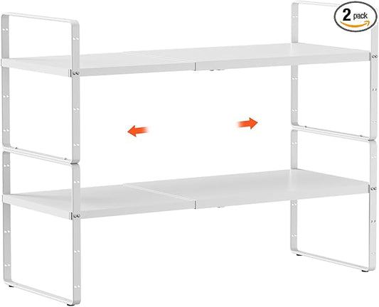 2Pack 16.5-27ââL Expandable Cabinet Shelf Organizers, Stackable Metal Shelves Extender for Kitchen Countertop Storage, Adjustable Spices Shelves Rack Stand for Cupboard Pantry, White