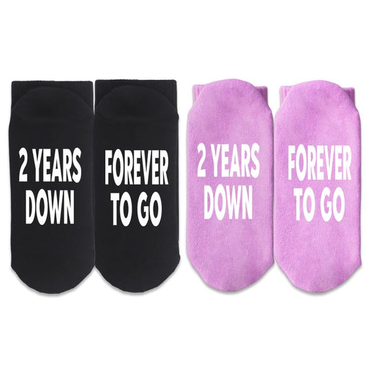 2 Years Anniversary, 2 Years Down Forever To Go Socks, Happy Anniversary, 2nd Anniversary, Valentine’s Day, Congratulation Gifts For Couple, Wife And Husband, His And Hers Gifts, Two Pairs.(007)