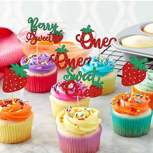 24 Pack Strawberry One Cupcake Toppers Strawberry Sweet One Cupcake Picks for Birthday Wedding Party Baby Shower Summer Garden Party Decoration Supplies Green