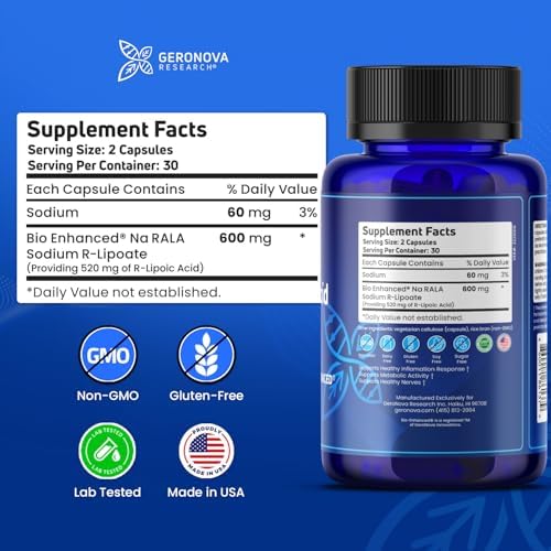 Geronova Research Bio-Enhanced R-Lipoic Acid, 600 mg Capsules - 3 Month Supply - Stabilized R Alpha Lipoic Acid with Enhanced Absorption - R Lipoic Acid Supplement - 180 Count
