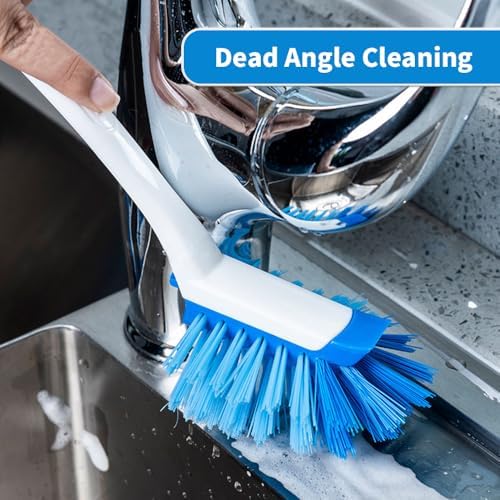 2 Pack Long Handle Kitchen Cleaning Brush with Built-in Scraper, Hard Bristle Dish Scrubber for Pots, Pans, Non-Stick Cookware, Sinks, Countertops & Stove Tops