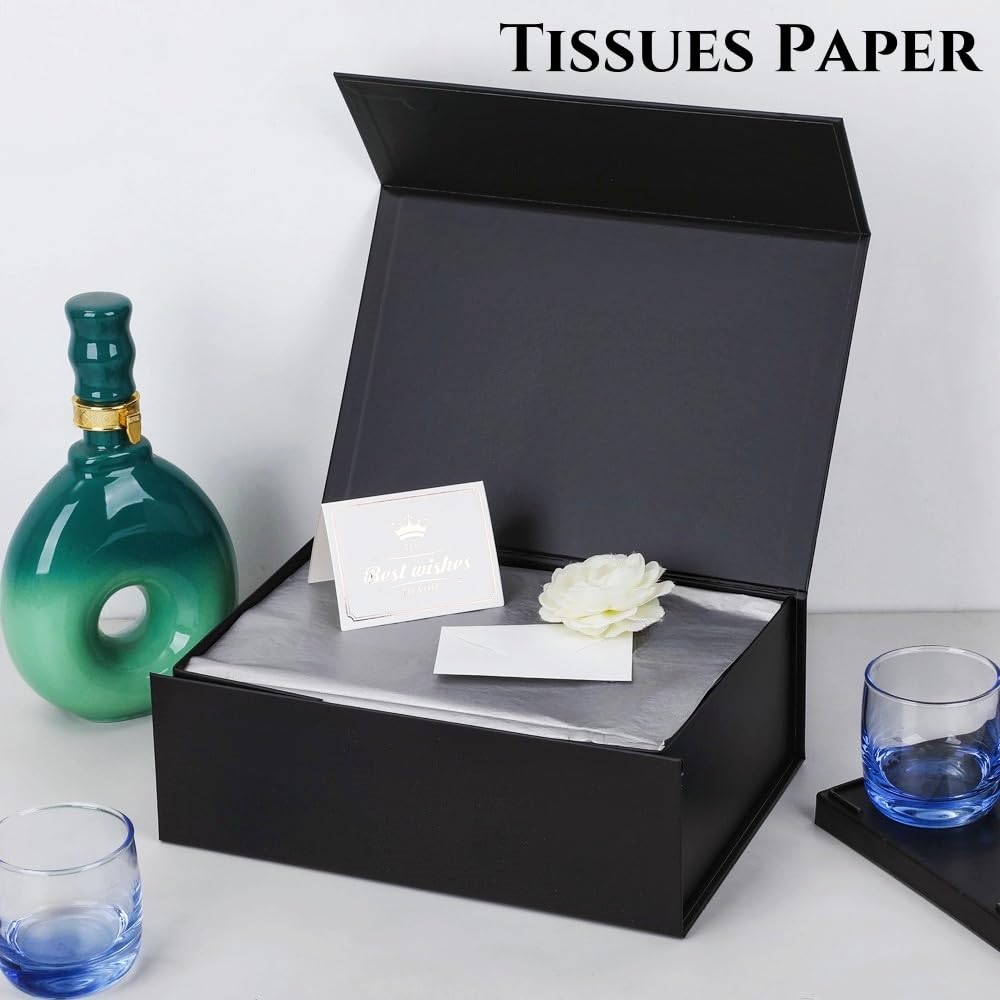 UoeRing 1 Pcs Black Gift Box 11.5x8x4 inch Luxury Gift Box for Presents with Magnetic Lid Collapsible,Birthday,Christmas,Contains Card, Ribbon, Tissue Paper,Shredded Paper Fille