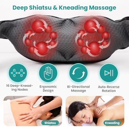 Nekteck Shiatsu Neck Massager with Heat for Pain Relief Deep Tissue, 2026 Upgraded 3D Back Shoulder Kneading Massage Pillow, Relaxation Gifts for Mom Dad Father's Day, Black(NOT Cordless)