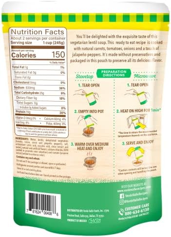 Verde Valle Vegetarian Lentil Soup Fresh Ready to Eat 15.2 oz (Pack of 1), Authentic Mexican Prepared Meal, Sopa de Lentejas, Protein, Fiber, Carrots, Tomatoes, Onions, Jalapeno Peppers