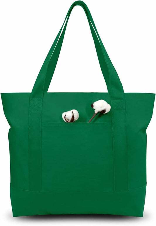 TOPDesign 6-Pack Canvas Tote Bags with an External Pocket, Reusable Grocery Shopping Bags, Top Zipper Closure, Daily Essentials (Green)