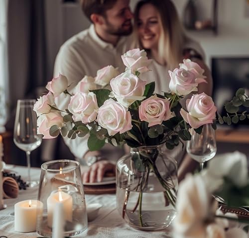 SSKOI Real Touch Artificial Roses, 8PCS Long Stem Faux Flowers with Gift Box That Converts Into Vase, Allergy-Safe Realistic Fake Roses for Home, Kitchen, Office, Wedding Décor, Gift Arrangement