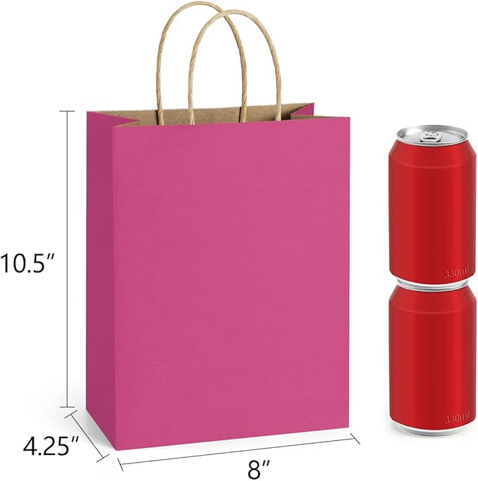 BagDream Hot Pink Gift Bags 8x4.25x10.5 100Pcs Kraft Paper Gift Bags with Handles Medium Bulk, for Shopping Party Favor, Retail Merchandise Grocery Paper Sacks