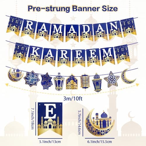 Ramadan Kareem Banner, Eid Mubarak Ramadan Decorations for Home, 3 In 1 Pre-Strung Eid Mubarak Banner, Purple Moon Star Islamic Muslim Banners for Eid Mubarak Ramadan Party Decoration Supplies