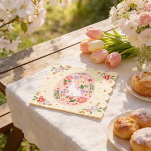 40PCS Easter Scalloped Paper Napkins – 4 Designs Bunny, Flowers & Easter Eggs, 13 x 13 Inch Unfolded (6.5 x 6.5 Folded) Dinner Napkins, Easter Party Supplies Spring Table Decorations