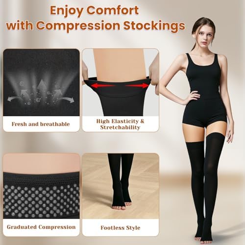 2 Pairs Compression Stockings for Women & Men, 20-30mmHg Thigh High Compression Socks, Open Toe Medical Compression Socks with Silicone Dot Band for Sport Swelling Varicose Veins