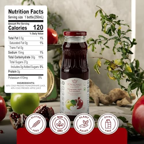Pomegranate Apple Juice Blend, 8.4oz Glass Bottles (Pack of 12), Not from Concentrate, No Sugar Added, Antioxidant Rich, Non-GMO, Gluten Free, Vegan, Kosher Fruit Juice