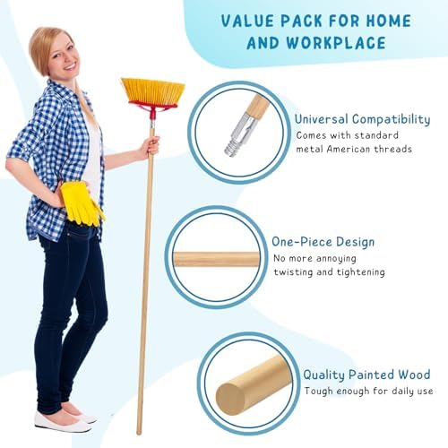 KeFanta Push Broom Handle with Metal Threaded End, 57'' Wooden Stick Pole for Home and Commercial Floor Cleaning Broom and Mops, Pack of 10