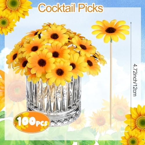 CHENGU 100 Pcs Fancy Toothpicks, 4.7 Inch Cocktail Picks Fancy Sticks for Appetizers, Handmade Bamboo Appetizer Fruit Skewers Food Picks for Wedding Valentines Holiday Decoration(Sunflower)