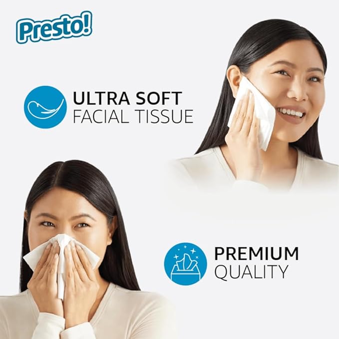 Amazon Brand - Presto! Ultra-Soft 3-Ply Premium Facial Tissues, 264 Count (4 Cube Boxes of 66), Packaging May Vary