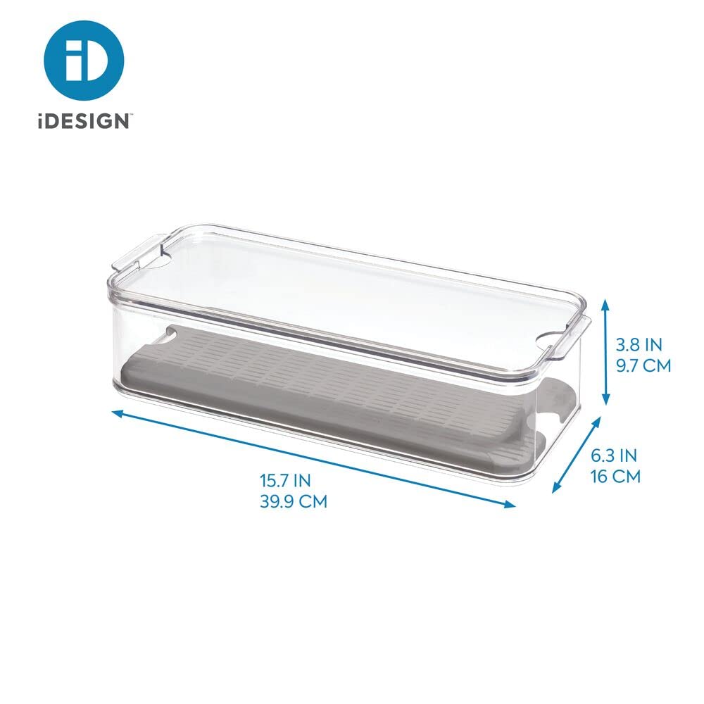 iDesign Crisp Produce Plastic Refrigerator and Modular Stacking Pantry Bin with Lid and Removable Inner Basket, Perfect for Washing Vegetables, Fruit, Lettuce, BPA Free 15.72" x 6.32" x 3.76"