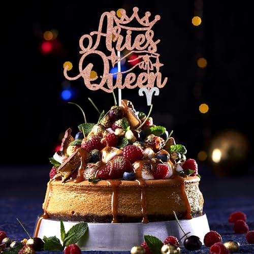 Aries Queen Cake Topper, Aries Season/12 Zodiac Constellation Theme Cake Decor, Big Aries Energy Birthday Party Decoration Supplies for Women, Rose Gold Glitter