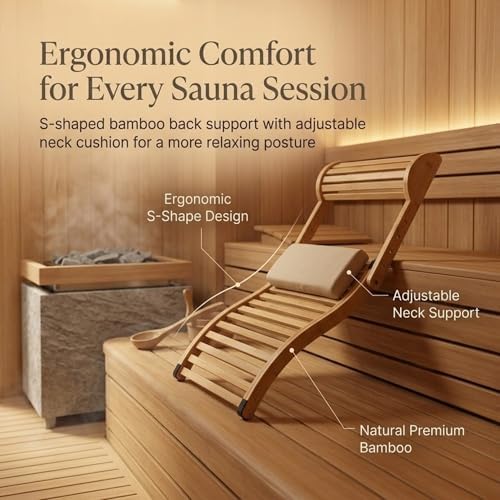Sauna Backrest with Neck Pillow – Ergonomic S-Shape Bamboo Back Support for Infrared & Barrel Saunas – Foldable, Adjustable Headrest, Anti-Slip – Premium Lumbar Support for Long Sessions