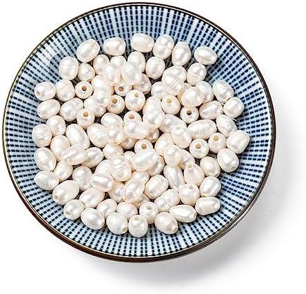 Beadthoven 100pcs 7-10mm Natural Freshwater Pearl Beads 1.8mm Big Large Hole Rice Shape White Pearls for Crafting Oval Pearl Beads for Jewelry Making DIY Bracelets Necklaces Leather Cord