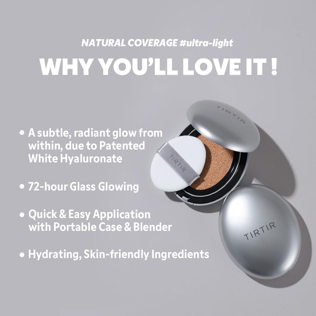 TIRTIR Mask Fit Aura Silver Cushion Foundation | Semi-glow Finish, Natural Coverage, Moisturizing, Lightweight, Korean cushion foundation (#51N Fudge, Full Size, 0.63 Fl Oz)