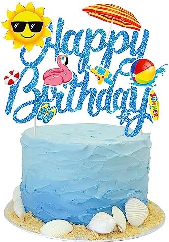 Summer Beach Cake Topper Swimming Pool Birthday Cake Pick Hawaii Beach Happy Birthday Cake Decor Tropical Surfing Party Decorations for Summer Holiday Theme Baby Shower Supplies