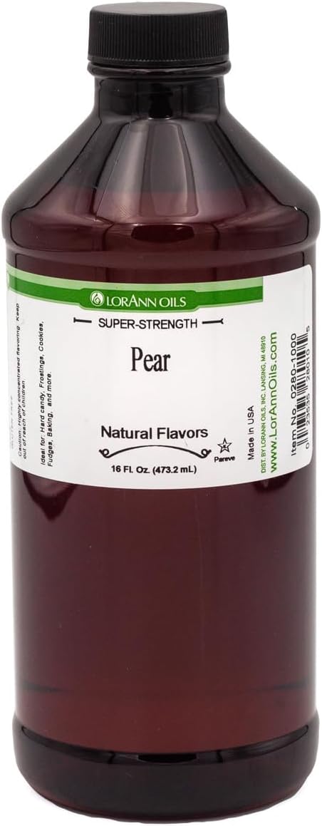 Lorann Oils Super Strength Pear Flavoring Extract, Concentrated Culinary Essential, Ideal for Bakery, Beverages, Cocktails, Cakes, 16 Oz, USA Made